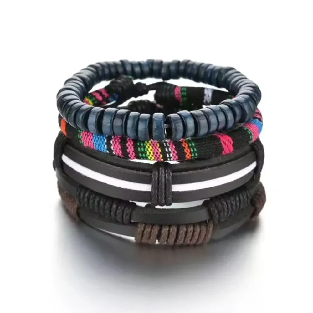 Men's Bracelets Set Leather‎ 4pc Layered Beaded New F3
